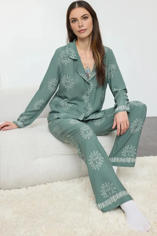 2- Piece Sun Patterned Viscose Woven Pajama Set