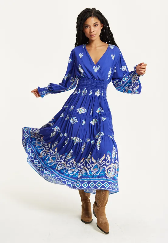Boho Print Shirred Wrap Front Maxi Dress - Liquorish