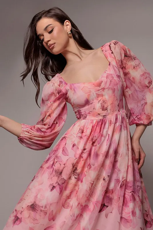 Floral Print Shirred Back A Line Maxi Dress - Goddiva