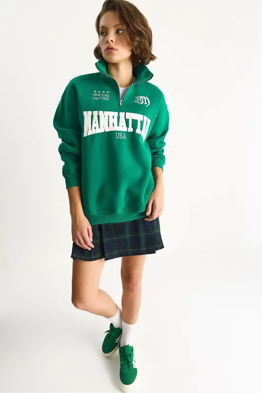 Back Printed Long Sleeve Zipper Collar Sweatshirt - Bianco Lucci