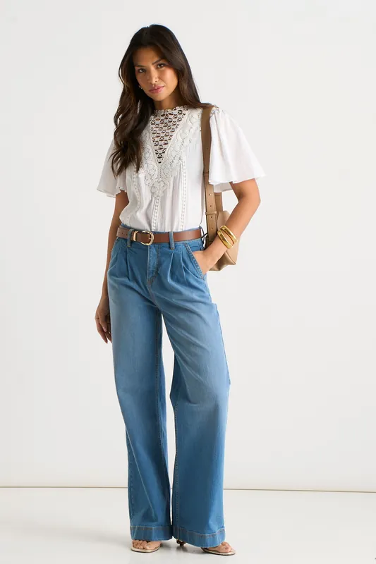 Blue Pleat Wide Leg Jean - Gini London