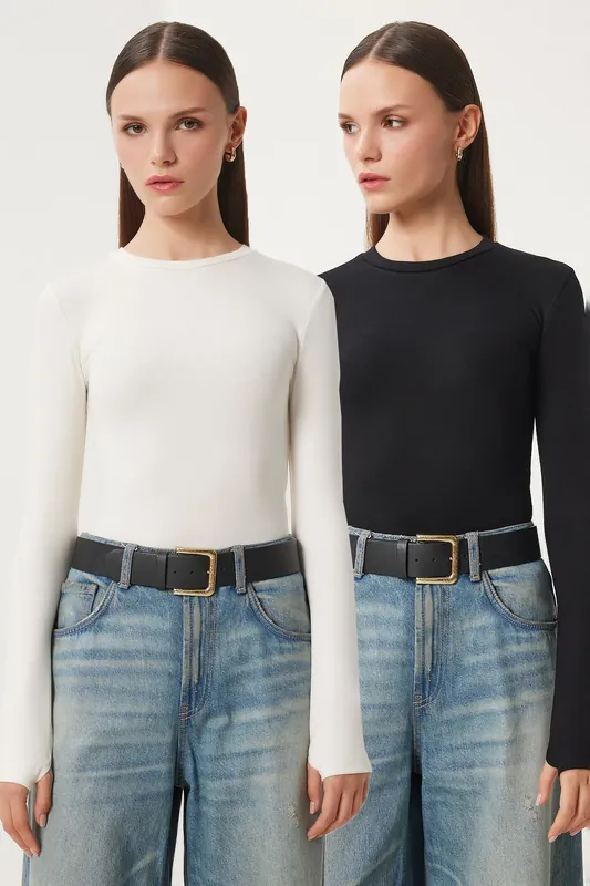 Fitted Long Sleeve Crew Neck 2-Pack Blouse