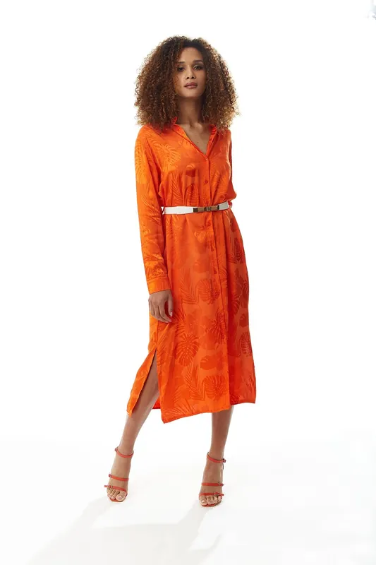 Leaf Print Midi Shirt Dress in Coral with Belt - Liquorish