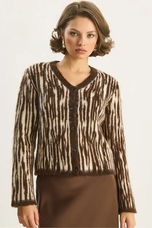 Zebra Print V-Neck Buttoned Cardigan