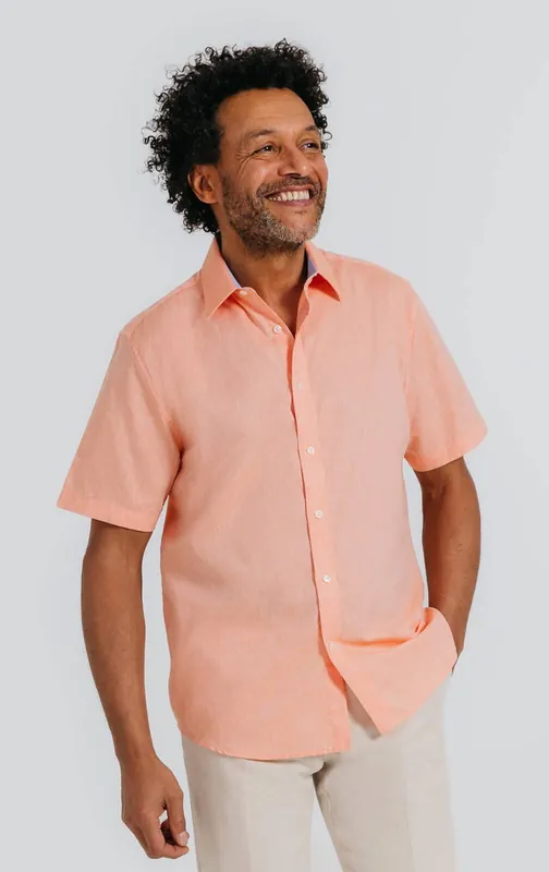 Orange Short Sleeve Linen Shirt - Dobell