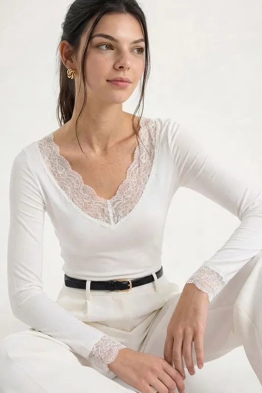 Lace Detailed V-Neck Blouse