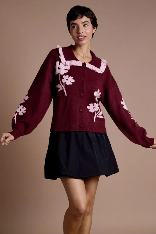 Flower Intarsia Collared Cardigan - Neon Rose