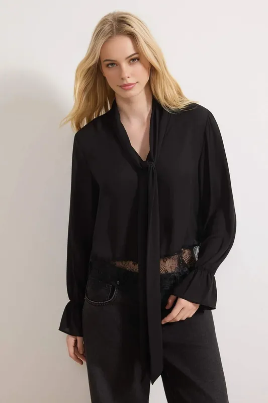 Scarf Neck Lace Detail Long Sleeve Woven Blouse - WOVCOR