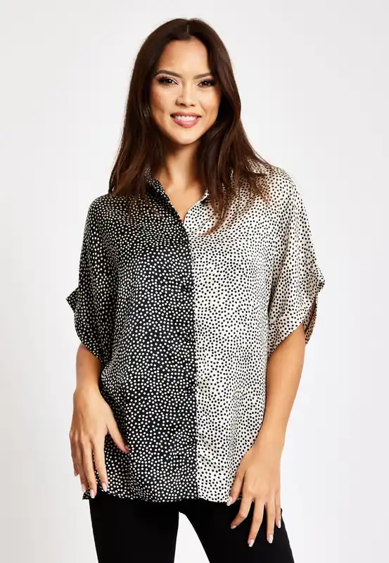 Monochrome Polka Dot Print Shirt With Short Sleeves - Liquorish