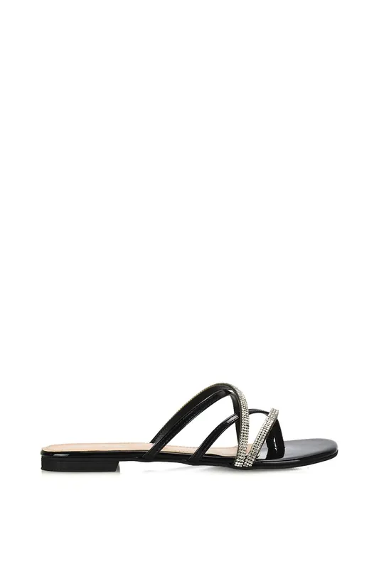 Loretta' Cross Over Strappy Slip On Flat Diamante Sandals - XY London