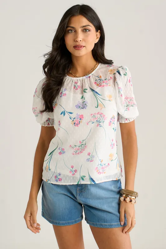 Off White Floral Dobby Chiffon Shirred Cuff Blouse - Gini London