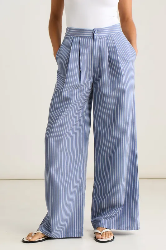 Blue Wide Leg Pleat Front Formal Trousers - Gini London