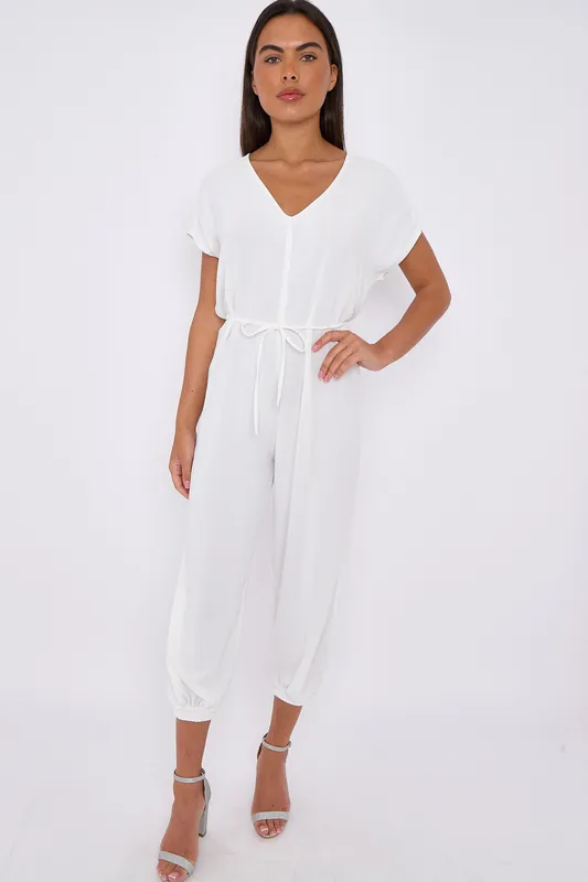 White V-Neck Belted Jumpsuit