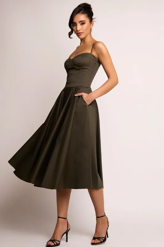 Jade Olive Corset Bustier Midi Dress - Jaded Rose