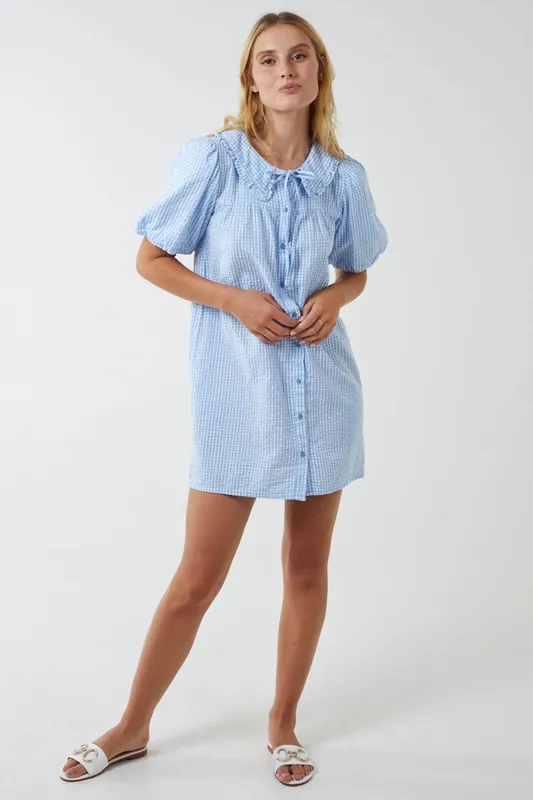 Shirt Dress With Plunge Ruffle - Blue Vanilla