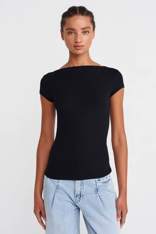 Women's Ribbed Boat Neck Slim Fit T-Shirt