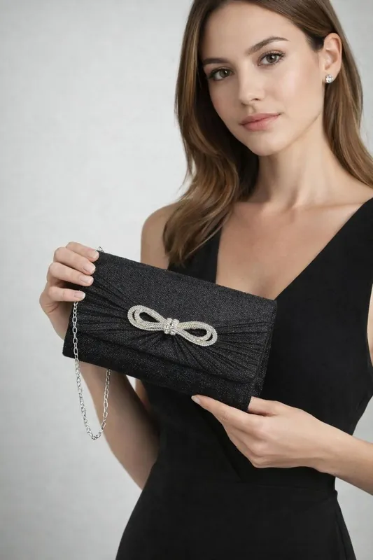 Metallic Clutch with Diamante Bow - SVNX