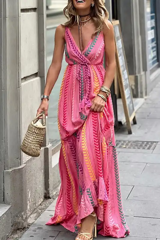 Pink Western Printed Tassel Tie V Neck Wrap Maxi Dress - Everyday The Label