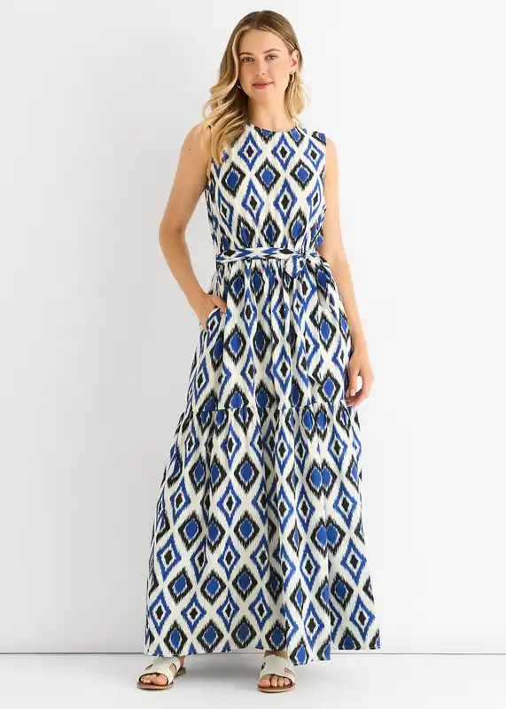 Blue Geo Print Elasticated Waist Midaxi Dress - Gini London