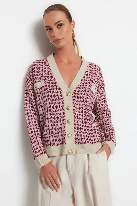 Patterned Button Front Knitted Cardigan - WOVCOR