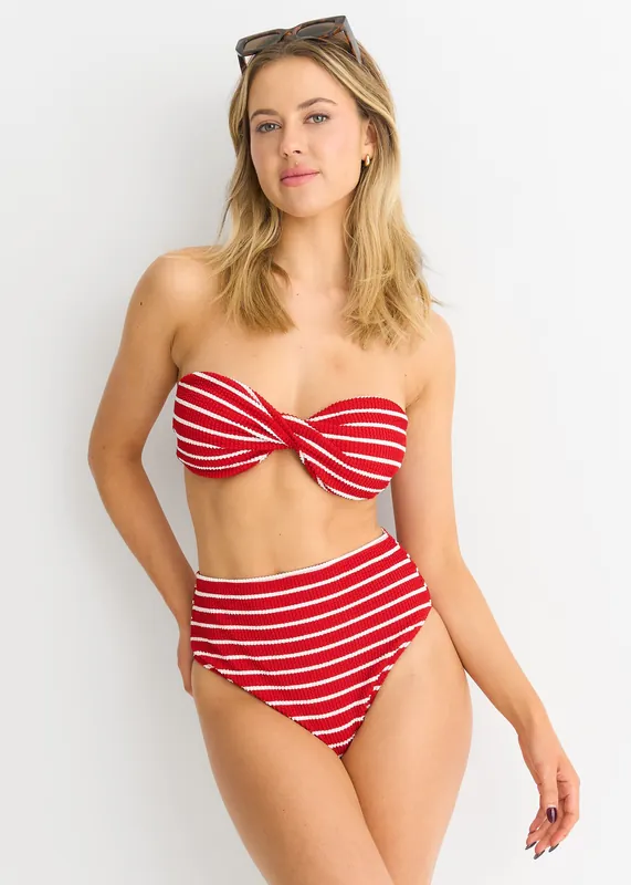 Red Textured Twist Front Stripe Bikini Top - Gini London