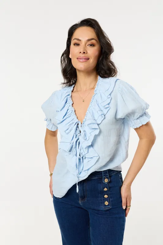 Blue Ruffle Tie Front Linen Blouse - Liquorish
