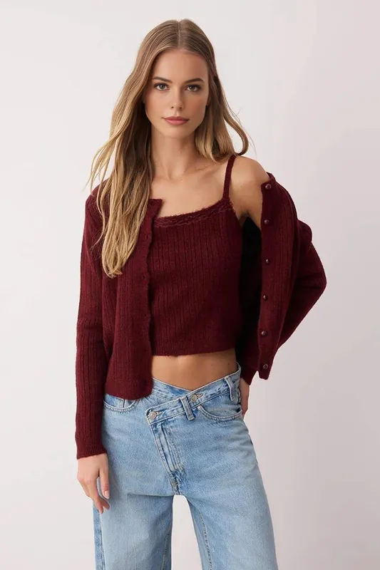Soft Knit Ribbed Cami And Long Sleeve Cardigan Set - WOVCOR