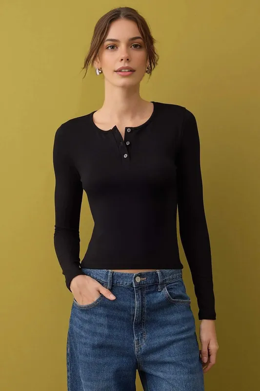 Crew Neck Button Front Stretch Knit Blouse - WOVCOR