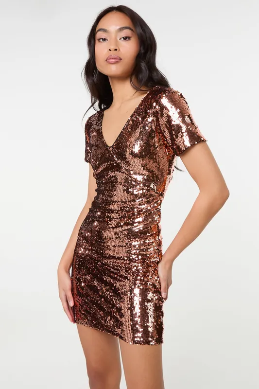 Orange V Front Sequin Dress - Pink Vanilla
