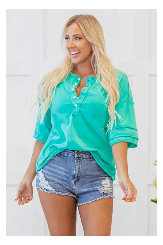 Mint Green Solid Color Half Sleeve Buttons Henley Top - Everyday The Label