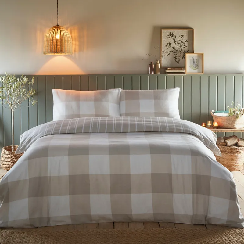 Glenmore Check Brushed Cotton Striped Reversible Duvet Cover Set - Portfolio Home
