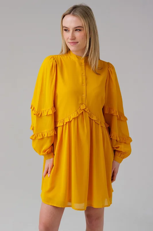 High Neck Button Front Ruffle Smock Dress - Influence