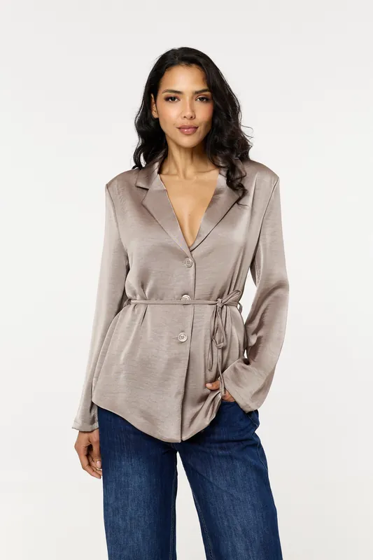 Taupe Satin Belted Button Down Blazer - Liquorish