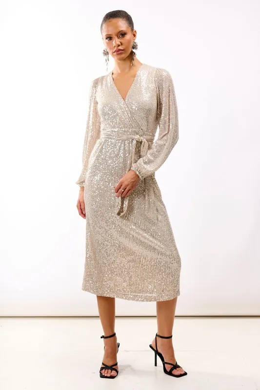 Cream Sequin Wrap Midi Dress - Needs No Label