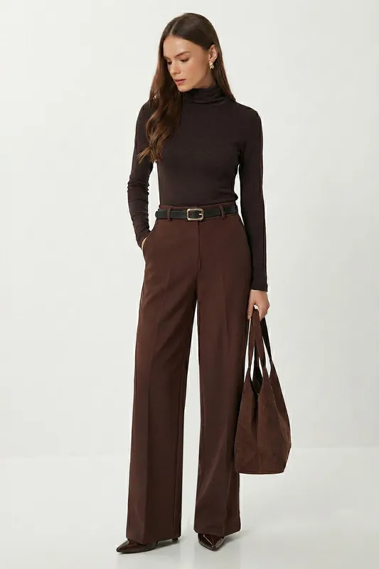 High Waist Wide Leg Trousers with Belt - Happiness Istanbul
