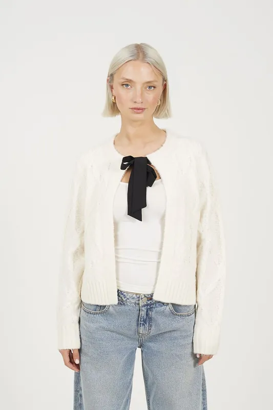 Crew Neck Cable Knit Cardigan With Bow - Brave Soul