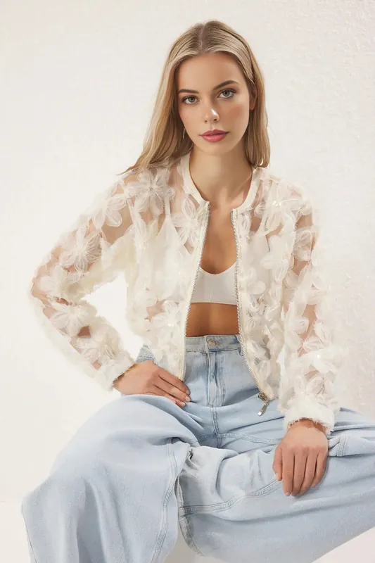 Floral Applique Sheer Zip Through Jacket - WOVCOR