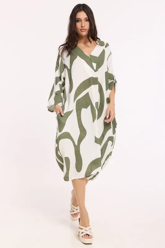 Abstract Print V Neck Midi Smock Dress - Liquorish
