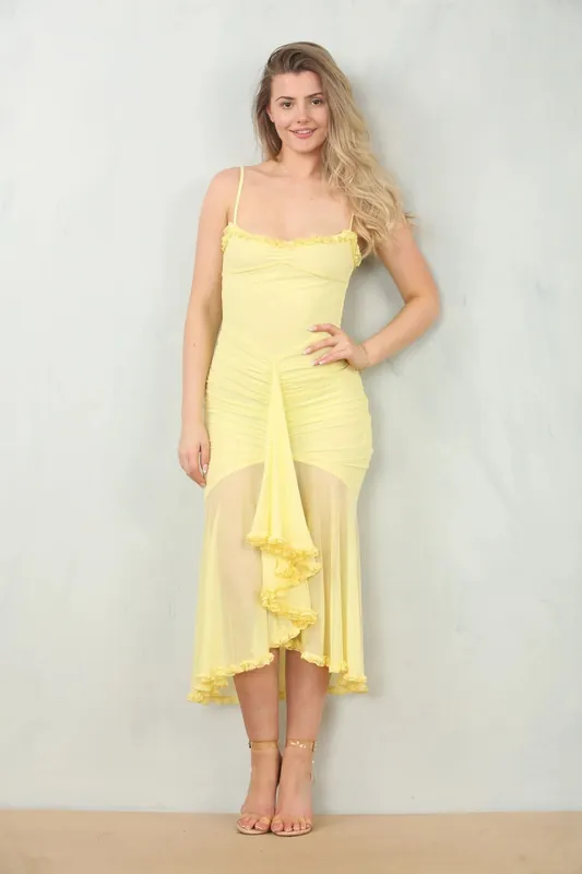 Ruched Bodycon Mesh Classic Party Midi Dress - AVINCI