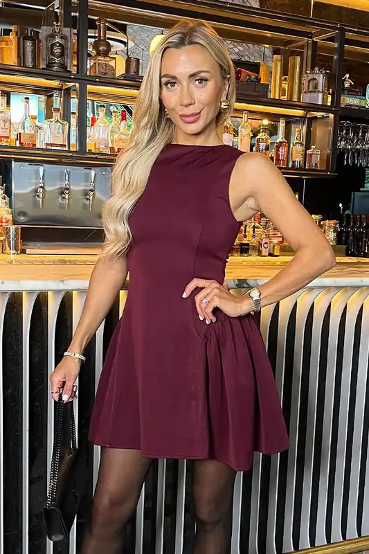 Plum Round Neck Pleated Hip Mini Dress - AX Paris