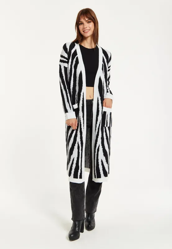 Longline Cardigan In Black And White Zebra Pattern - Liquorish