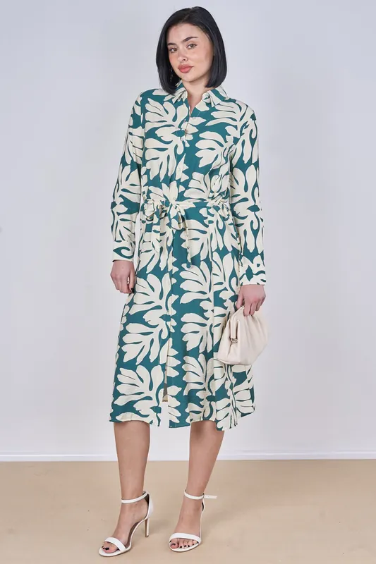 Teal Leaf Print Belted Midi Shirt Dress - Love Sunshine