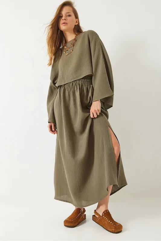 Textured Crew Neck Blouse and Skirt Set - Bianco Lucci