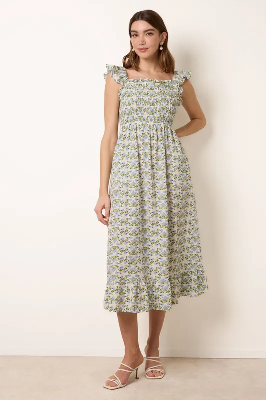 Blue Floral & Frill Shirred Bodice Midi Dress - Blue Vanilla