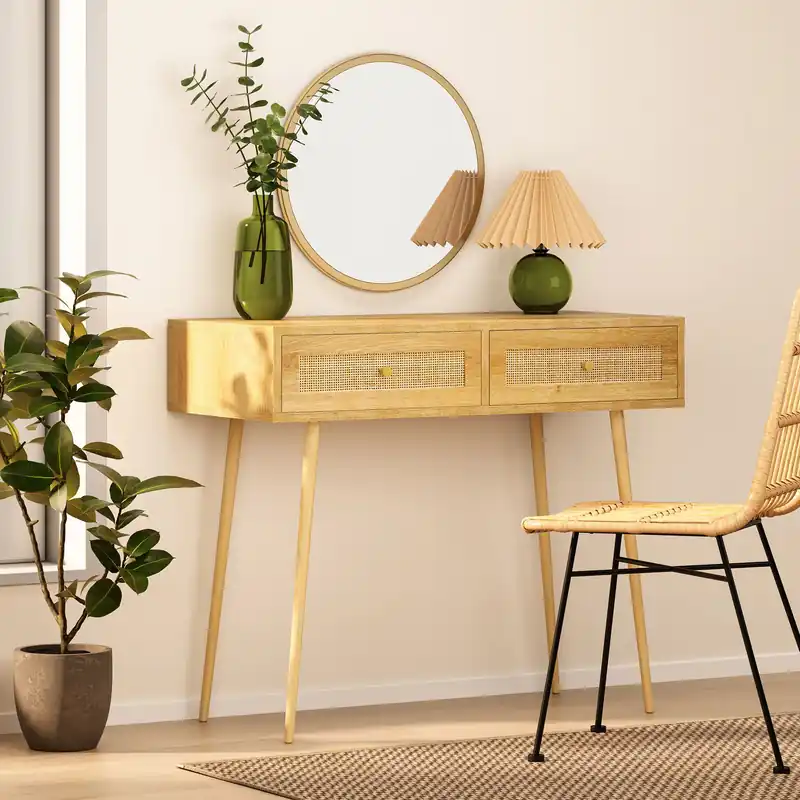 Sienna Bedroom Rattan Vanity Dressing Table - VonHaus