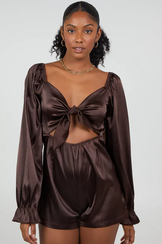 Brown Tie Front Playsuit - Pink Vanilla
