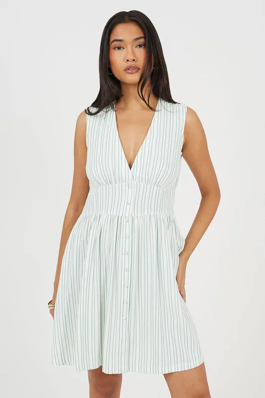 Stripe Sleeveless Mini Dress With Button Details - Brave Soul