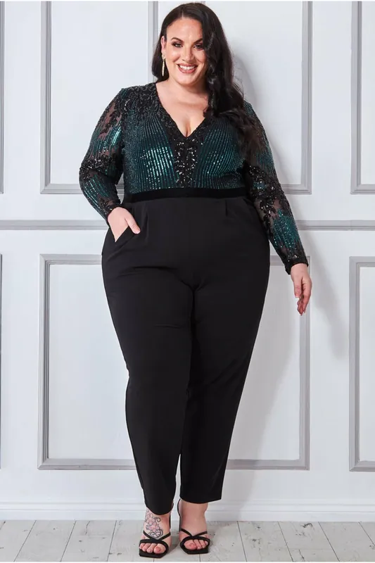 Plus Sequin & Mesh Jumpsuit - Goddiva