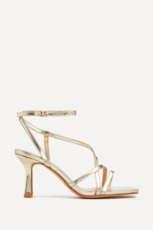 Ella Gold Faux Leather Strappy Square Toe Heeled Sandal - Linzi
