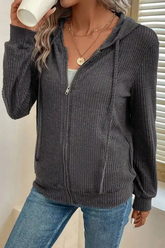 Dark Grey Ribbed Zip Up Front Drawstring Hoodie - Everyday The Label